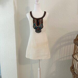 Signatures Embroidered Beaded Yoke Off-White Mini Dress